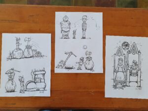 Algunas ilustraciones del cuento "Meñique", expuestas en el salón "Leocadio Álvarez" de la casa de cultura municipal.