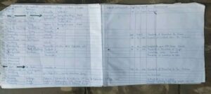 Copia de trabajo del libro de asentamiento de enterramientos del cementerio de Jagüey Grande, cortesía del investigador Humberto Rodríguez, donde se señalan elementos de interés.